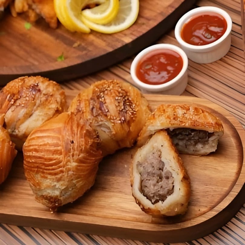 Savory pastries with meat filling and sesame seeds, served with two small bowls of red sauce.